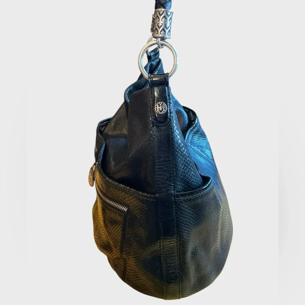 Brighton Black Leather Hobo Bag Snakeskin Embossed Silver Heart